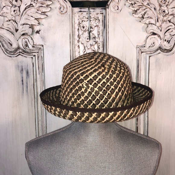 No Tags Brown and Tan Weaved Flipped Up Brim Bowler Sun Hat - Picture 1 of 6